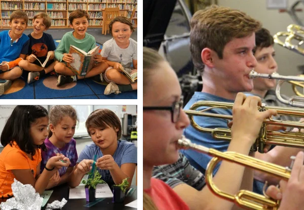 A collage of children playing instruments in a library.