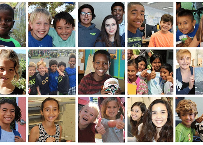 A collage of pictures of children smiling.